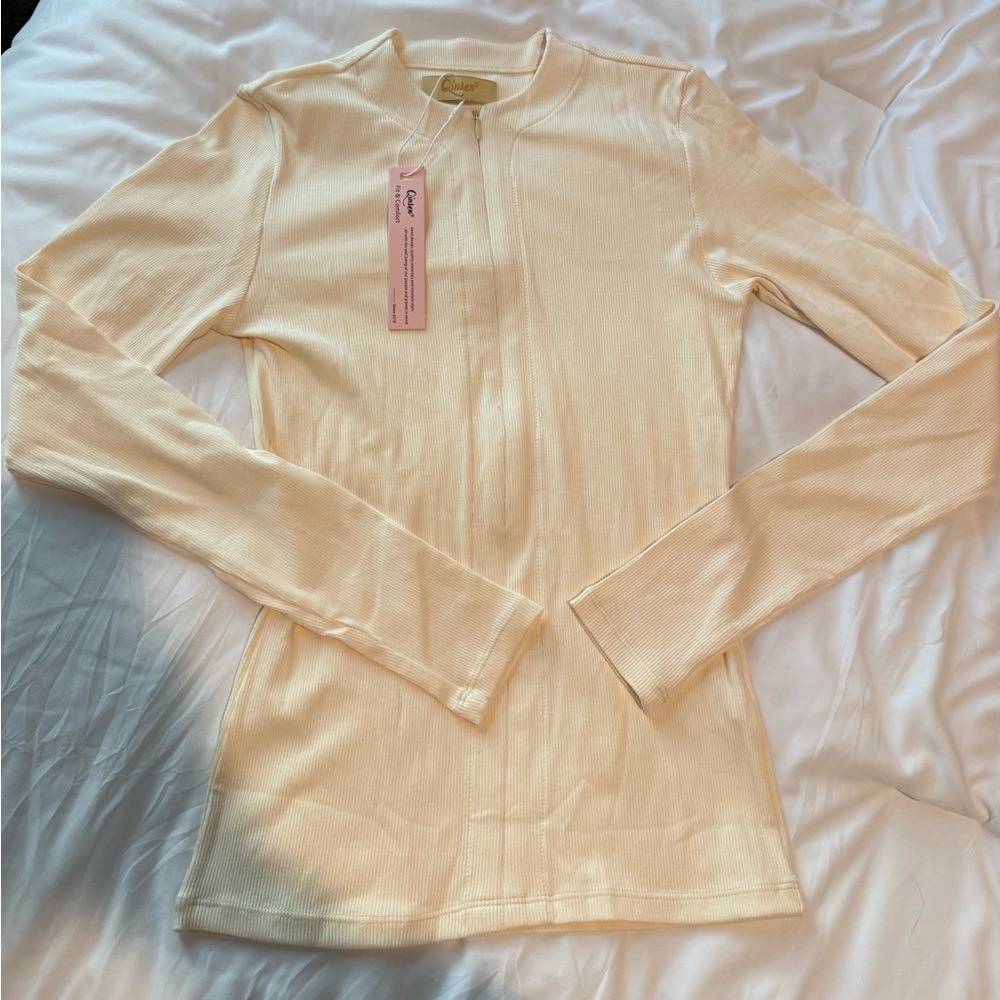 Qinsen Cream Ribbed Long-Sleeve Zip Crew Top